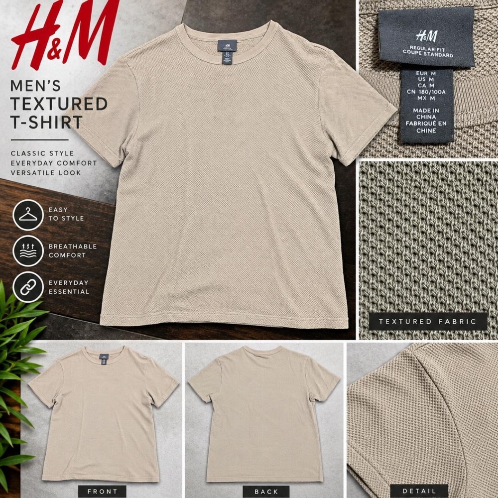 HM Regular Fit Textured Knit T-Shirt Taupe Men Size M Short Sleeve Tee